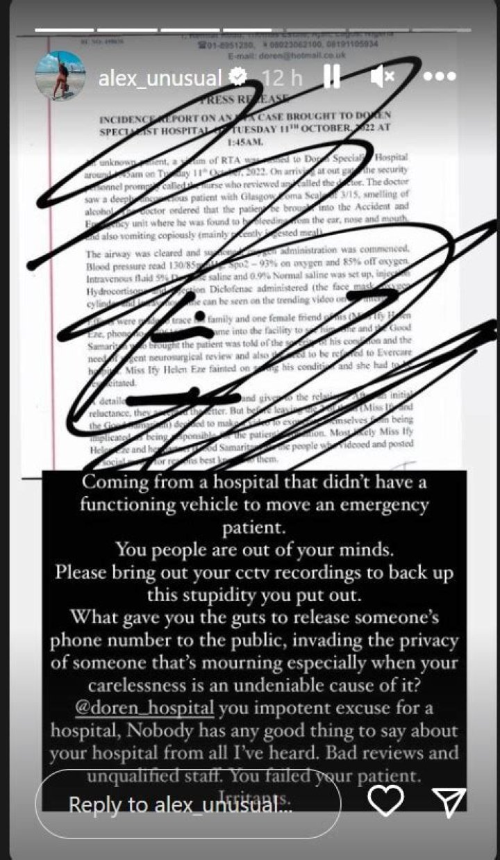 
Bring Out CCTV Recordings To Back Up Your Claim – Alex Unusual Hits Back At Doren Hospital Over Rico Swavey’s Death 